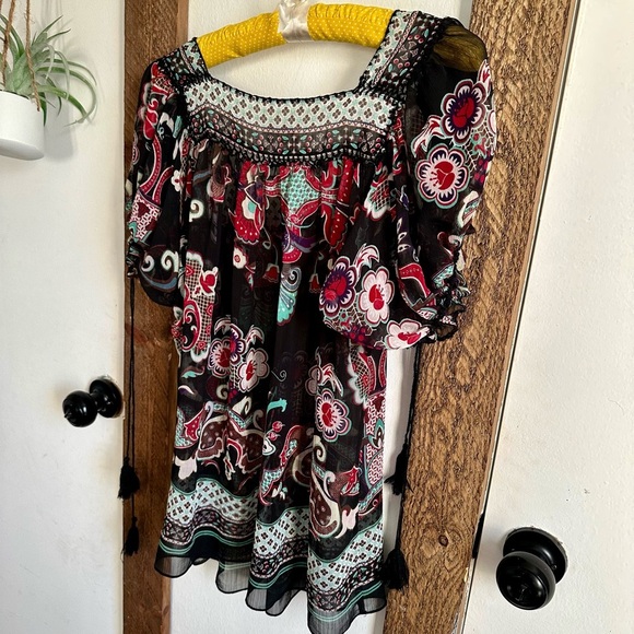YVOS Boutique Sheer Vibrant Mixed Media Boho Blouse Medium - Picture 1 of 16